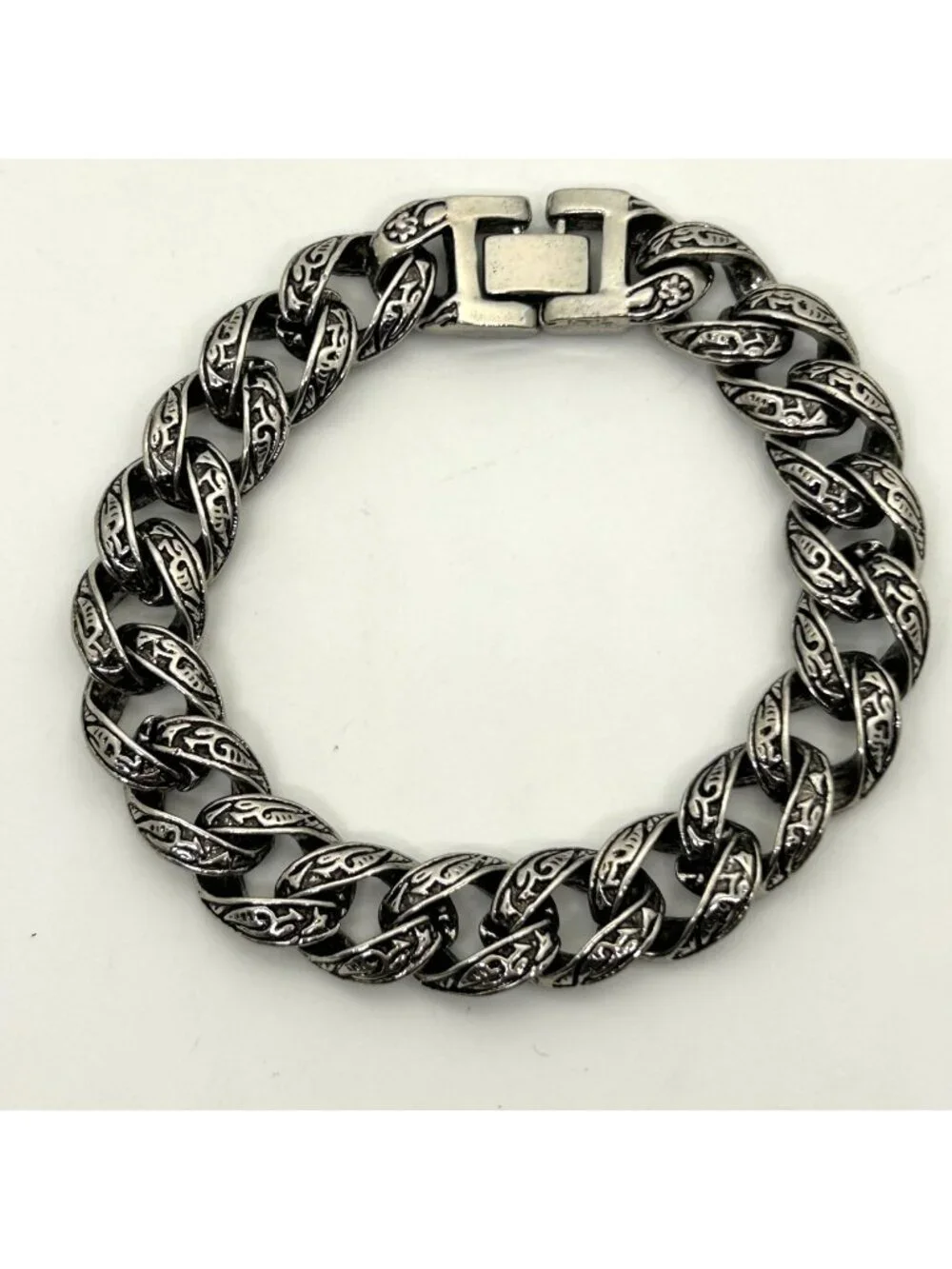 Men's Vintage Stainless Steel Curb Chain Bracelet Tribal Tattoo Etched Design